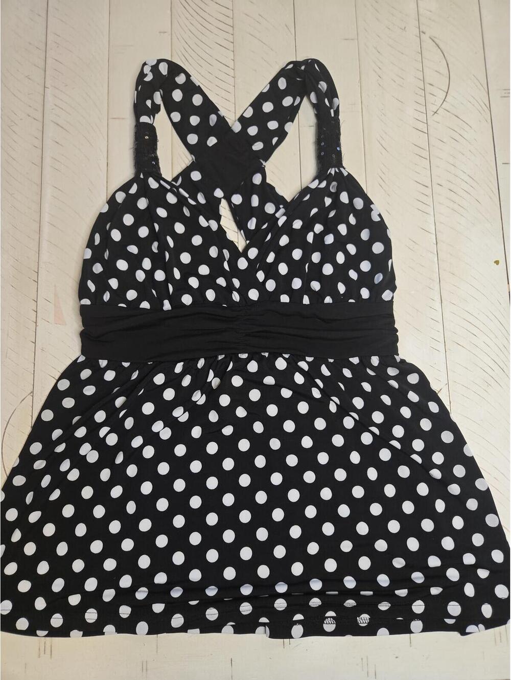 Candie’s Polka Dot Tank Top Size Large Black White Sequin Strap Detail Empire